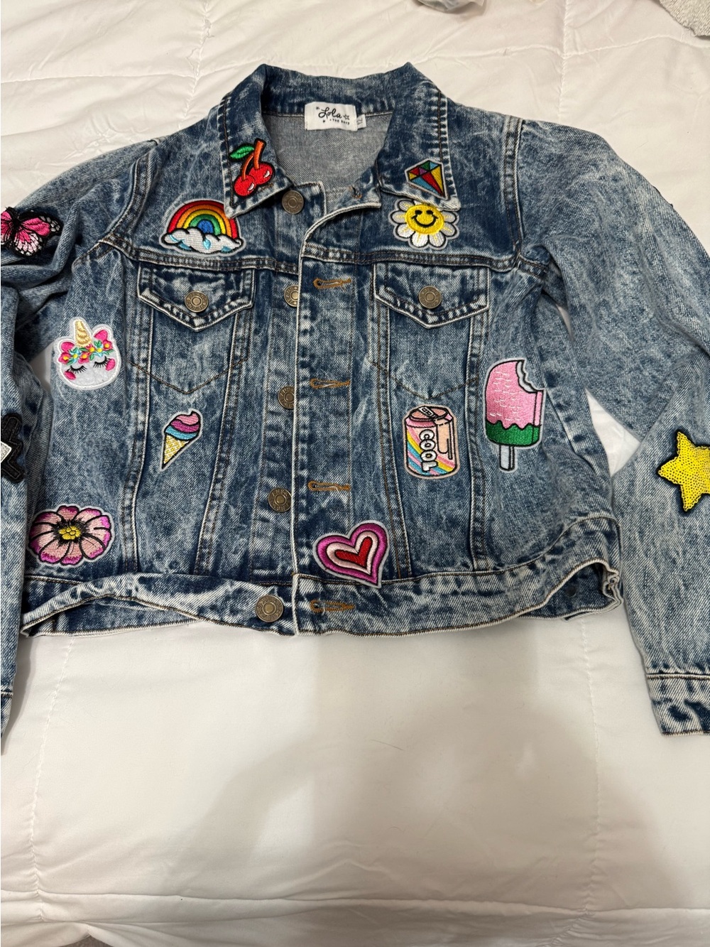 Lola + The Boys Blue Denim Jacket with Colorful Patchwork